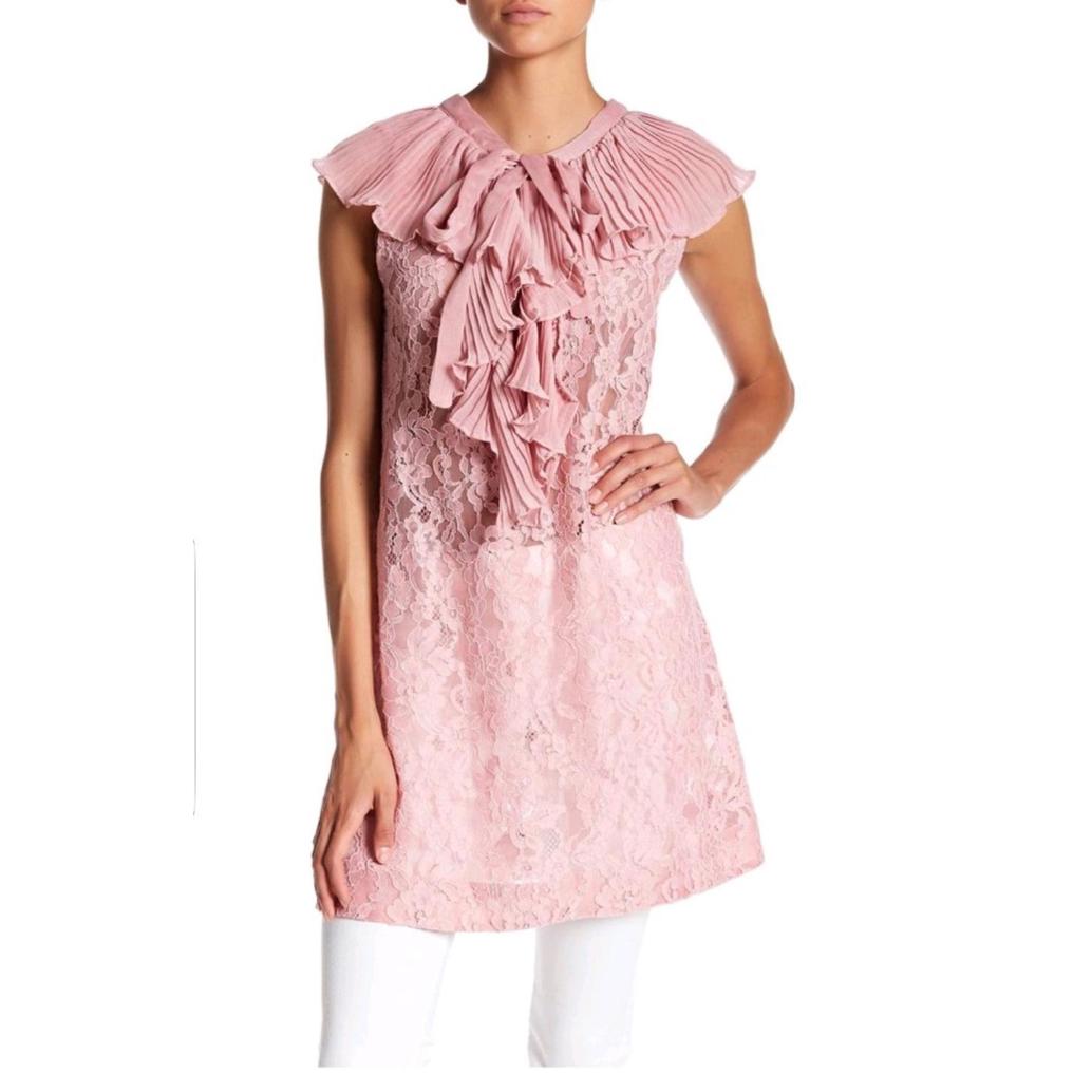 Tov Women's Ruffled Front Lace, Sleeveless Tunic Top Dress Pink Size 44. New